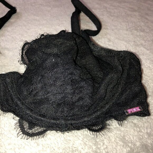 PINK Victoria's Secret Black Unlined Lace Underwire Bra Size 32D - Picture 3 of 9